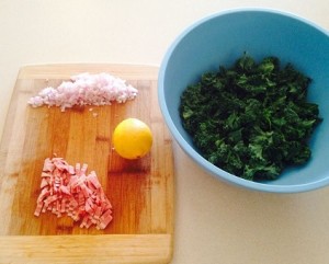 Turkey bacon - chopped, a lemon and kale